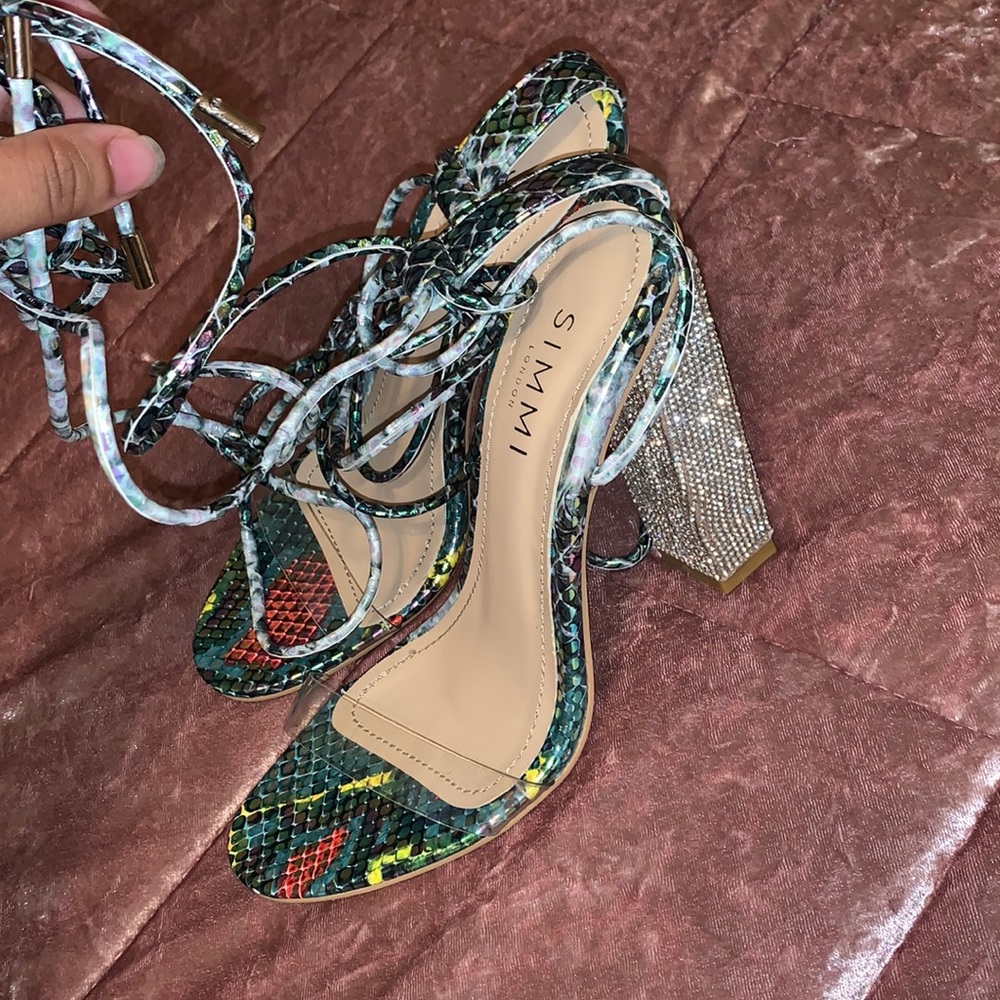 Chrome snakeskin SIMMI heels with diamond heel